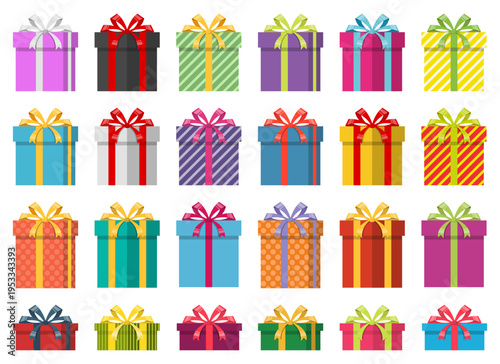 A colorful collection of different patterned gift boxes with ribbons and bows.