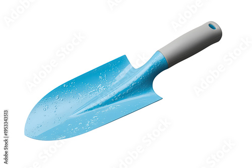 Blue garden hand trowel with water drops, gardening tool for planting and digging, transparent background