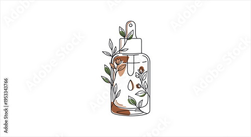 Hand-drawn illustration of a natural skincare dropper bottle with botanical elements.