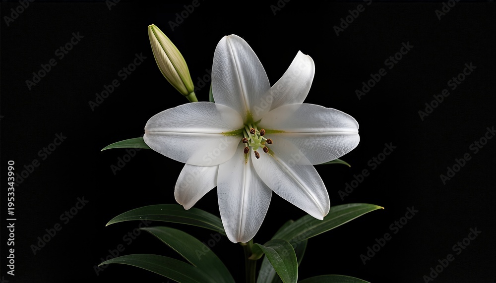 Fototapeta premium Beautiful White Lily Flower with Green Leaves Against a Black Background