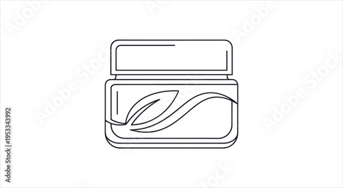 Line art drawing of a cosmetic cream jar with a leaf design.