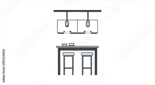 Minimalist Bar Counter with Stools and Overhead Wine Glass Rack.