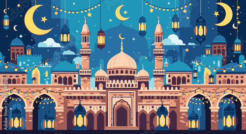 Illustration of a mosque at night with blue domes and minarets, crescent moons, and lanterns hanging from strings against a dark blue sky with clouds.
