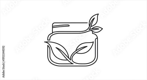 Minimalist line art drawing of a natural cosmetic jar with leaves.