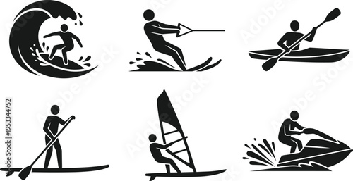 Black silhouettes of water sports icons including surfing water skiing kayaking paddleboarding windsurfing and jet ski for summer vacation and adventure design