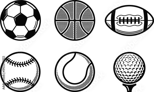 Set of black sports ball icons including soccer basketball football baseball tennis and golf ball on tee for athletic and competition design