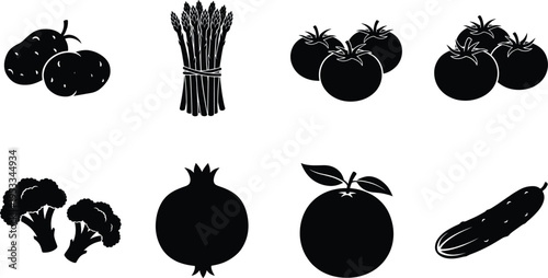Set of black vegetable silhouettes including tomatoes asparagus broccoli pomegranate orange cucumber icons isolated on white background for healthy food design concepts