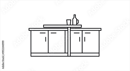 Minimalist Line Art Illustration of a Kitchen Island with Cabinets and Countertop.