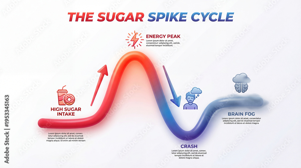 Obraz premium Sugar spike cycle explains energy. Health infographic traces sugar rise from intake to peak, crash, brain fog, showing sugar response pattern for diet coaching, glucose insight, balanced eating habits