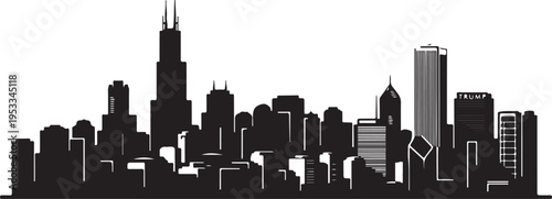 Silhouette of Chicago city skyline with tall buildings and skyscrapers against white background