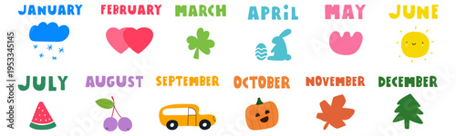 Set of Months of the Year with cute minimal icons. Kids Vector Design. Hand Lettered Text. Illustrations On White Background.