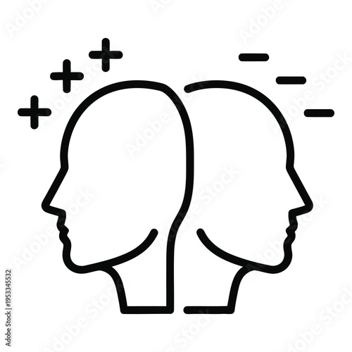 Two heads with plus and minus signs thinking faces  communication and ideas icon