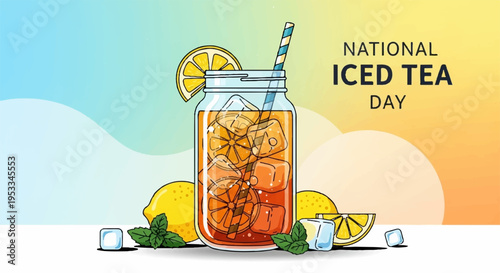 Refreshing glass of iced tea with lemon slices on national iced tea day celebration background