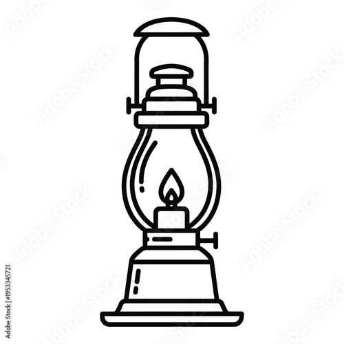 Vintage kerosene lamp with a lit wick and glass chimney  simple line drawing icon