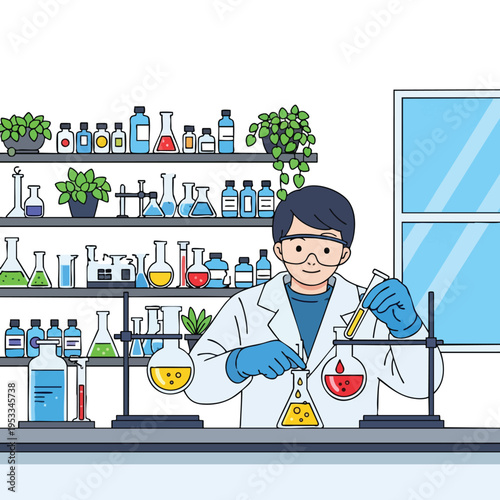 Person in lab coat and goggles conducts experiment with liquids in glassware on shelves