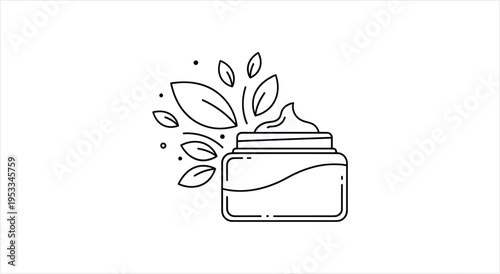 Natural Organic Skincare Cream Jar with Botanical Leaves Line Art.