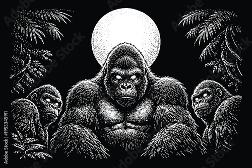 Powerful Silverback Gorilla Alpha with Family, Ape Primate Jungle Scratchboard Vector Illustration, Wildlife Great Ape Engraving for Apparel Art