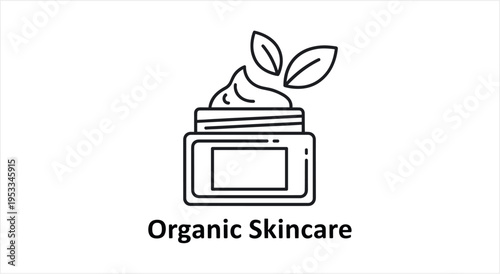 Organic Skincare Cream Jar with Leaves Line Art Illustration.