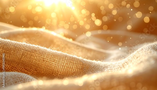 Close-up view of textured beige fabric draped and illuminated by a bright, golden light, with shimmering bokeh in the background