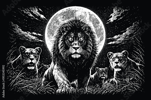 Majestic Lion King and Lioness Pride in Savanna, Wild Cat Animal Portrait Engraving Vector, African Wildlife Scratchboard Illustration for Poster