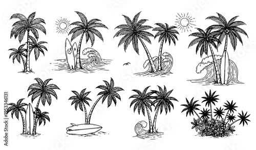 Hand drawn tropical palm tree collection with beach and surfing elements isolated on transparent background