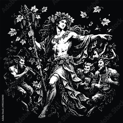 God Dionysus with Satyrs and Grape Vines Illustration, Greek Mythology Bacchus Engraving Vector, Wine and Celebration Scratchboard Art for Label