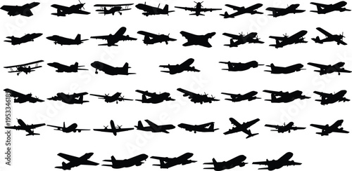 Airplane silhouettes set, aviation icons, military aircraft, civilian planes, jet fighter, propeller biplane, aviation engineering, flight technology, aircraft evolution