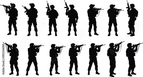 Armed soldier silhouettes with rifles, military personnel standing and aiming, combat posture illustration, defense concept, army warfare, tactical armed forces icons