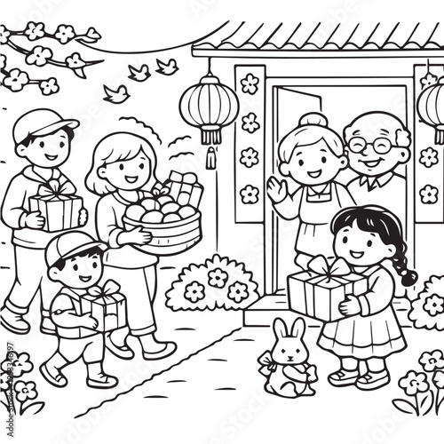 Adorable vector illustration of grandparents greeting their family bringing gifts for Chinese New Year, featuring joyful expressions and a cheerful Happy Lunar atmosphere.