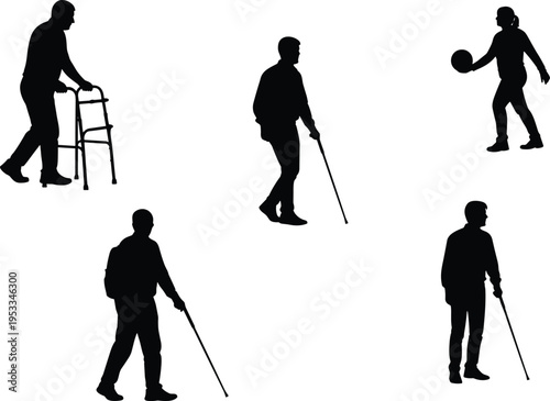 Disability silhouettes, accessibility aids, walker user, blind person cane, inclusive mobility, healthcare support, rehabilitation, physical activity, independence, diverse needs, equality