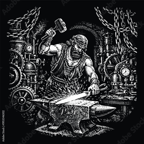 God Hephaestus Forging Metal at Anvil Illustration, Greek Mythology Blacksmith Engraving Vector, Industrial Craftsmanship Scratchboard Art