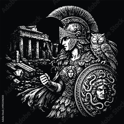 Goddess Athena with Owl and Shield in Front of Parthenon, Greek Mythology Wisdom Engraving Vector, Ancient Temple Scratchboard Art for Poster