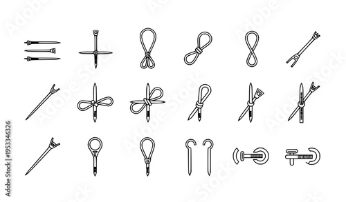 Cable tie and zip tie icons collection fastening security vector set