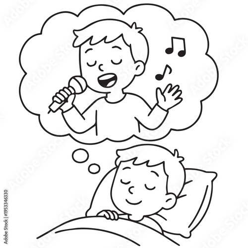 Simple vector of a little boy sleeping and dreaming of singing on stage, designed with clean lines and a soft style, representing childhood dreams and future aspirations.