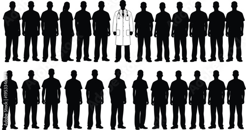 Doctor highlighted among silhouettes, medical professional concept, healthcare workforce statistics, rare physician representation, demographic illustration, population health visualization, medicine