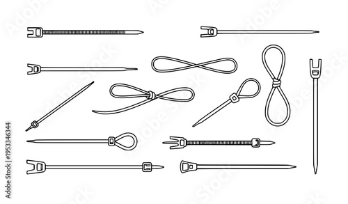 Zip tie icons black and white cable fastening vector illustration set