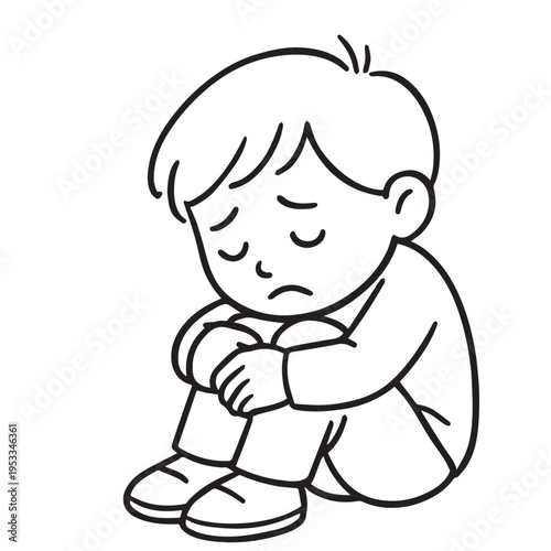 Simple vector of a young boy sitting sadly with a gloomy expression, designed with clean lines and minimal detail, representing mental health and emotional struggles.