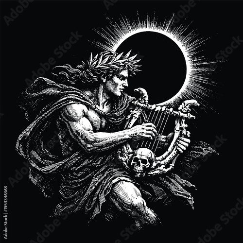 God Apollo Playing Lyre Under Solar Eclipse Illustration, Greek Mythology Sun Deity Engraving Vector, Artistic Scratchboard Art for Music Design