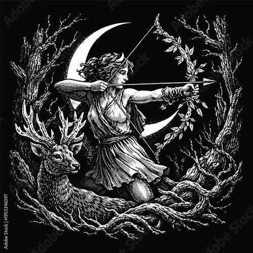 Goddess Artemis Hunting with Bow and Sacred Deer, Greek Mythology Moon Huntress Engraving Vector, Forest Nature Scratchboard Art for Apparel