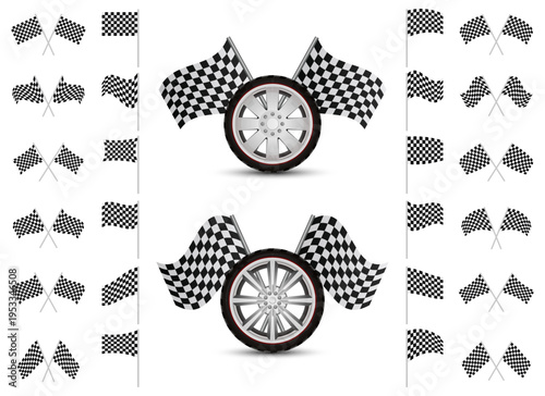 Racing victory: Wheels adorned with checkered flags, celebrating competition.