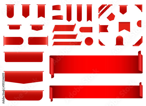 Collection of various red ribbon and banner designs for graphic elements.