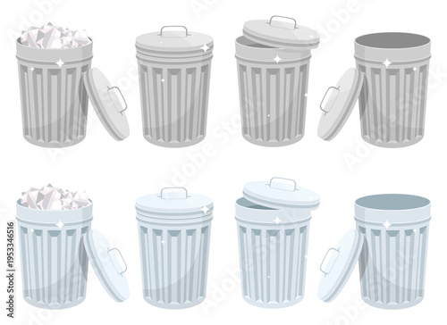 Cartoon metal trash cans with lids, some open, some closed and full or empty.