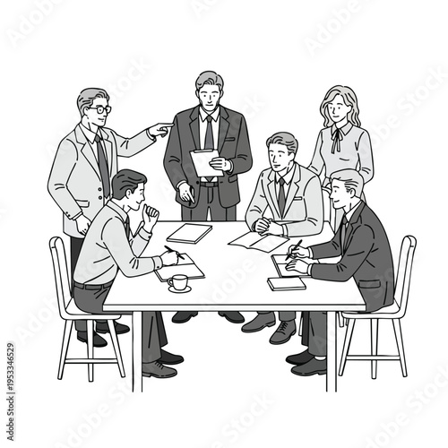 Business meeting with six people around a table, some taking notes
