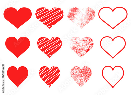 Collection of heart shapes with different patterns and textures in red color.