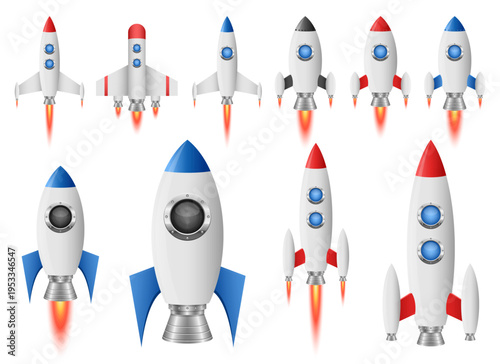 Collection of cartoon style rockets in different designs taking off animation