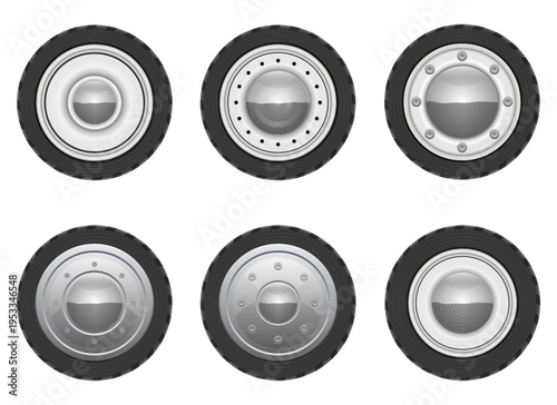 Array of tires and wheels with chrome rims on a white background.