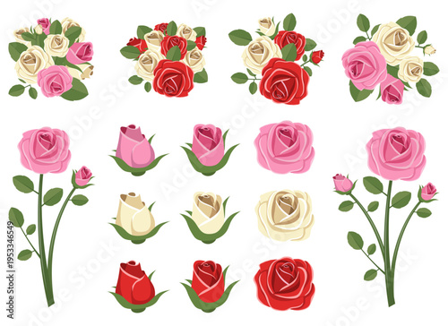 Assorted Roses: A collection of pink, red, and white rose blossoms and buds.