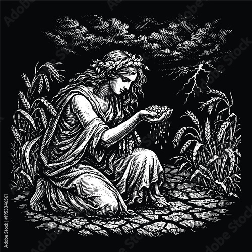 Ancient Goddess of Harvest in Wheat Field, Mythical Woman with Grain Scratchboard Vector Illustration, Demeter Fertility Goddess Engraving Art