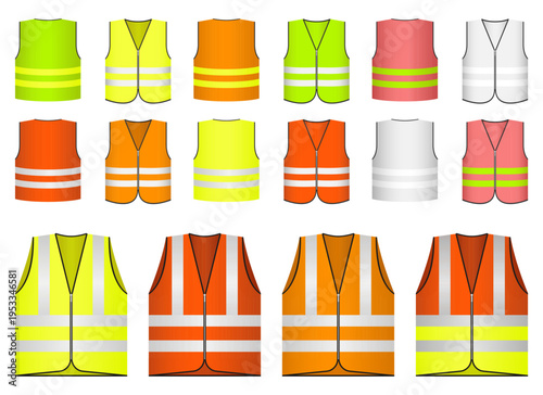 Collection of colorful safety vests with reflective stripes for protection.