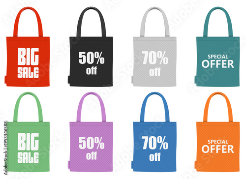 Colorful tote bags with discount prices like 50% off, 70% off, and sale!